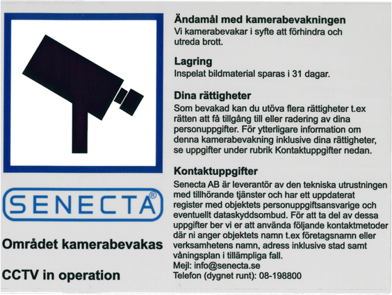 Senectas kameradekal med information om ändamål, lagring, rättigheter och kontaktuppgifter.